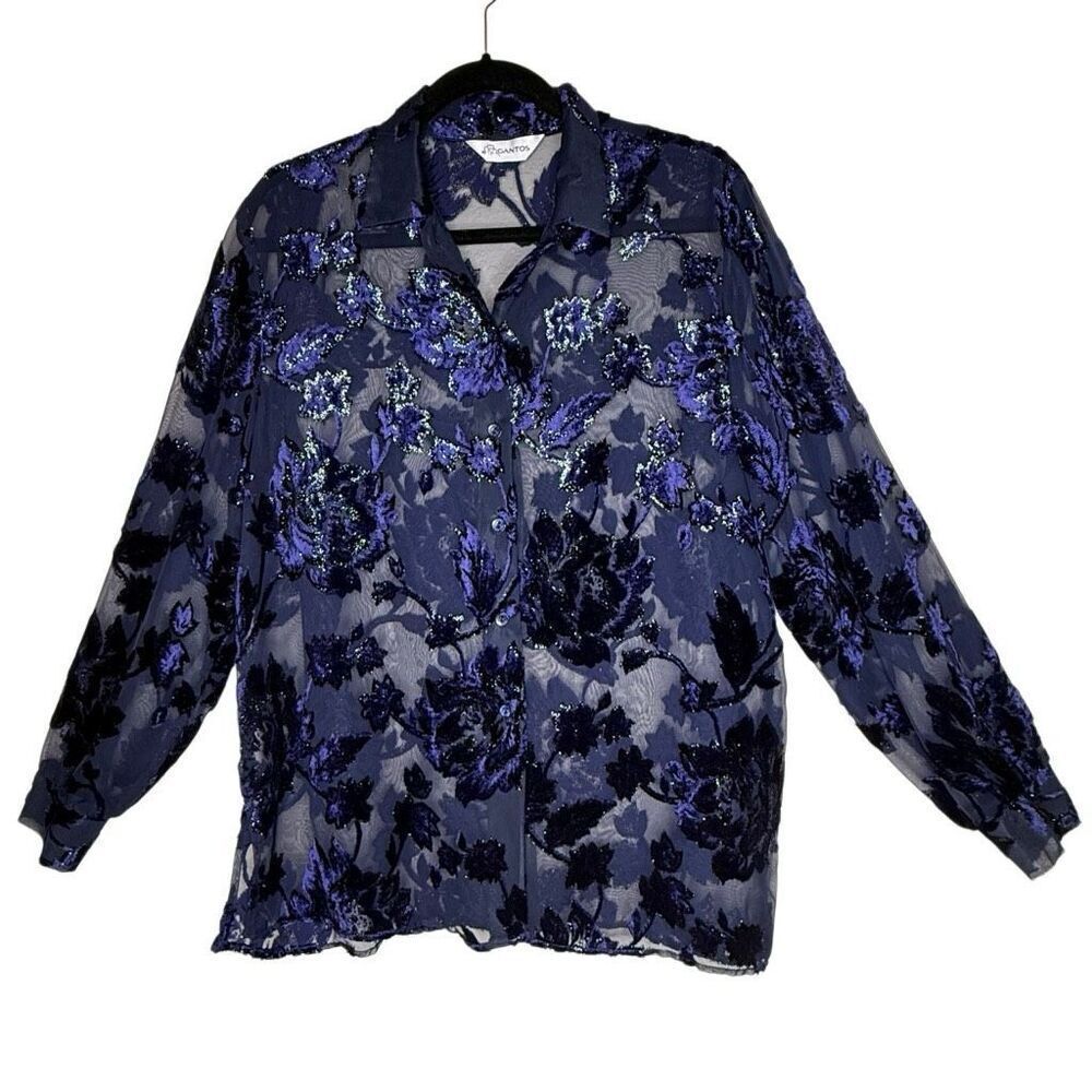 Gantos Blouse Navy Blue Velvet Flocked Floral Design SizeXL Romantic Whimsigoth